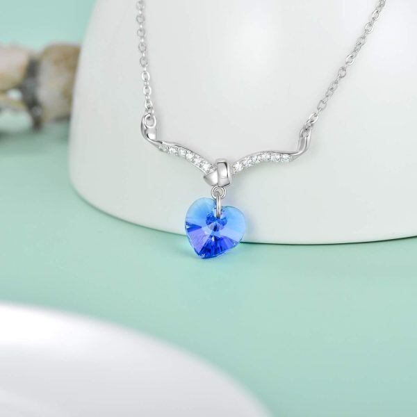 Sterling Silver Blue Crystal Sliver Plated Heart Pendent Necklace -3