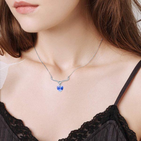 Sterling Silver Blue Crystal Sliver Plated Heart Pendent Necklace -4