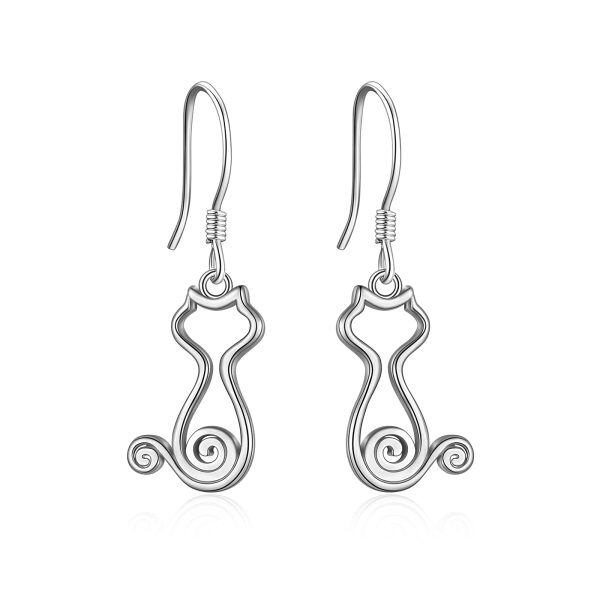 Sterling Silver Silver Plated Cat Dangle Earrings-0