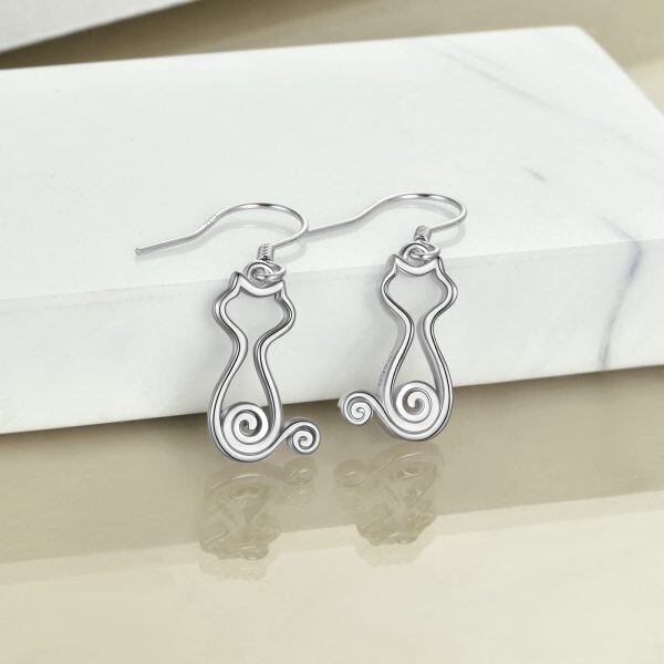 Sterling Silver Silver Plated Cat Dangle Earrings-1