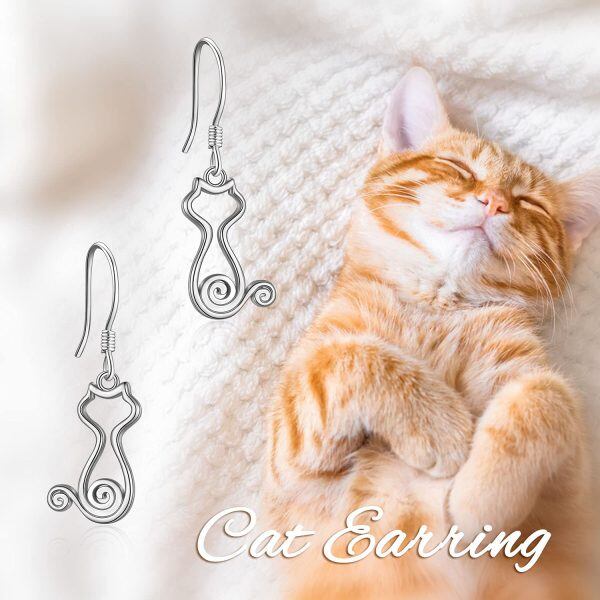 Sterling Silver Silver Plated Cat Dangle Earrings-5