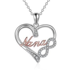 Sterling Silver Zircon Two Tone Color Nana Heart Pendant Necklace-0