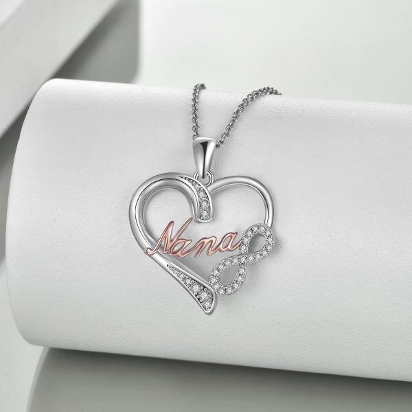 Sterling Silver Zircon Two Tone Color Nana Heart Pendant Necklace-1