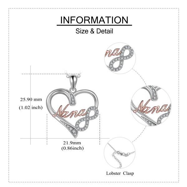 Sterling Silver Zircon Two Tone Color Nana Heart Pendant Necklace-3