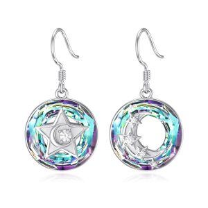 Sterling Sliver Crystal Sliver Plated Moon and Star Dangle Earrings-0