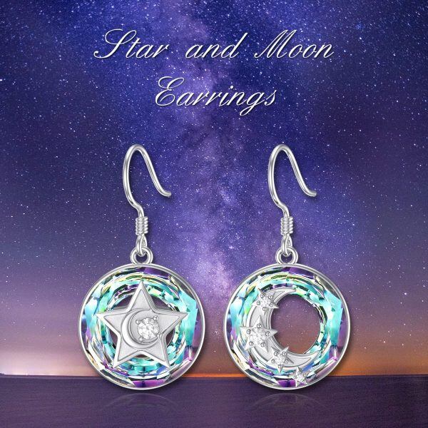 Sterling Sliver Crystal Sliver Plated Moon and Star Dangle Earrings-5