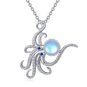 Sterling Silver Moonstone and Zircon Sliver Plated Octopus Pendant Necklace-0