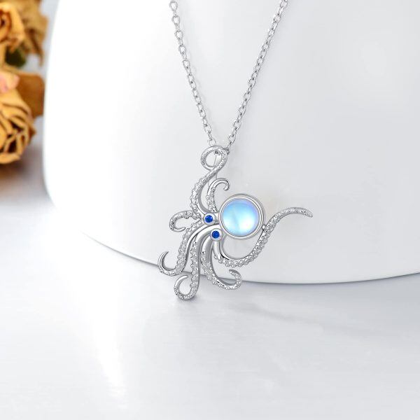 Sterling Silver Moonstone and Zircon Sliver Plated Octopus Pendant Necklace-1