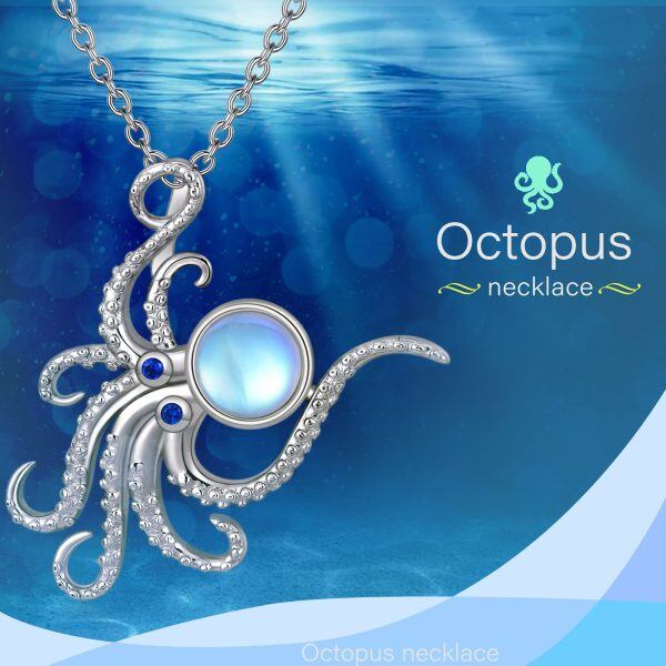 Sterling Silver Moonstone and Zircon Sliver Plated Octopus Pendant Necklace-5