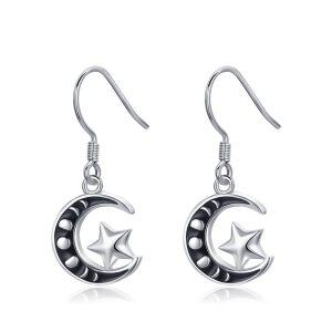 Sterling Silver Sliver Plated Moon and Star Moon Phase Dangle Drop Earrings-0