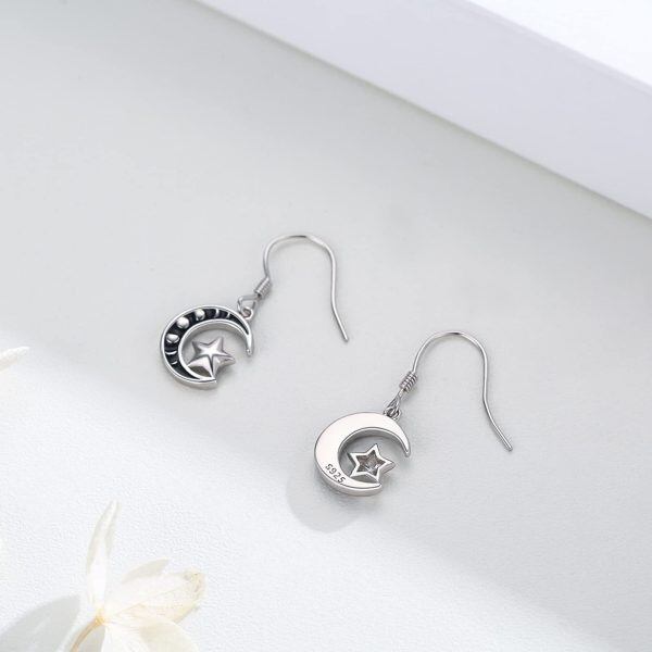 Sterling Silver Sliver Plated Moon and Star Moon Phase Dangle Drop Earrings-2