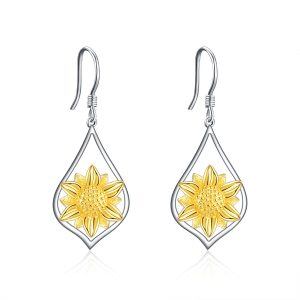 Sterling Silver Two Tone Color Sunflower Dangle Drop Earrings-0