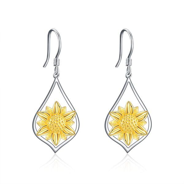 Sterling Silver Two Tone Color Sunflower Dangle Drop Earrings-0