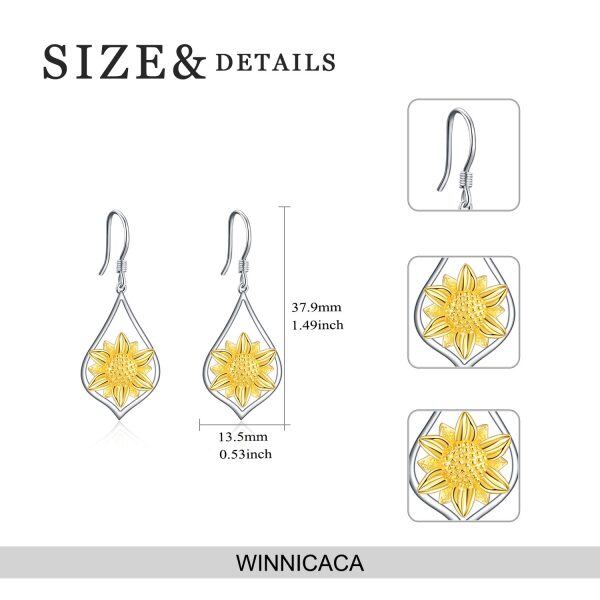 Sterling Silver Two Tone Color Sunflower Dangle Drop Earrings-2