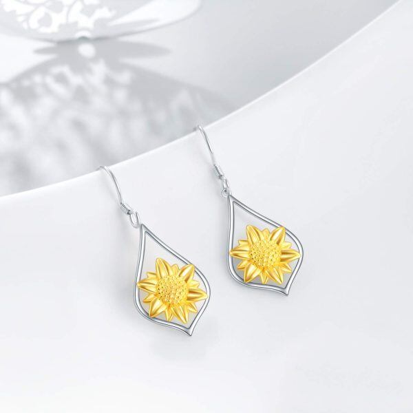 Sterling Silver Two Tone Color Sunflower Dangle Drop Earrings-3