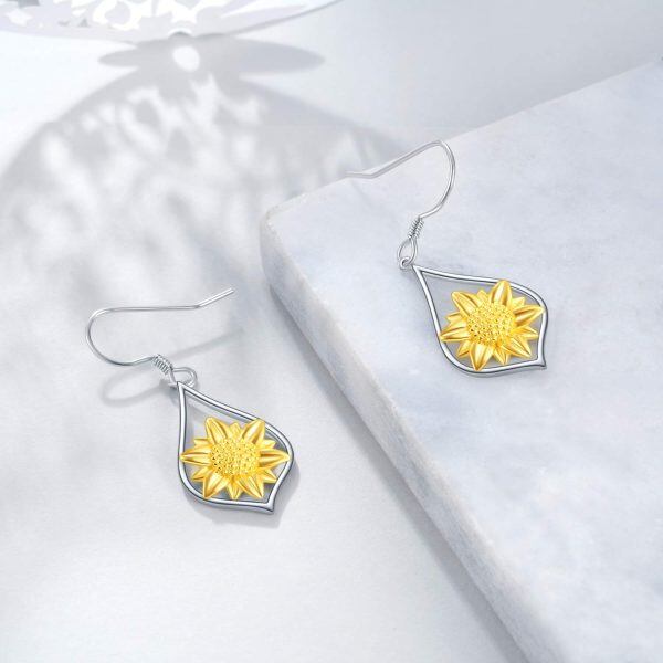 Sterling Silver Two Tone Color Sunflower Dangle Drop Earrings-4