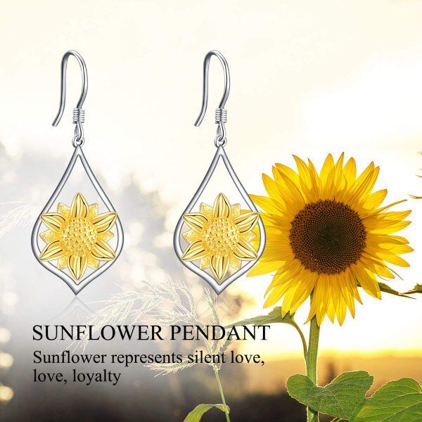 Sterling Silver Two Tone Color Sunflower Dangle Drop Earrings-5