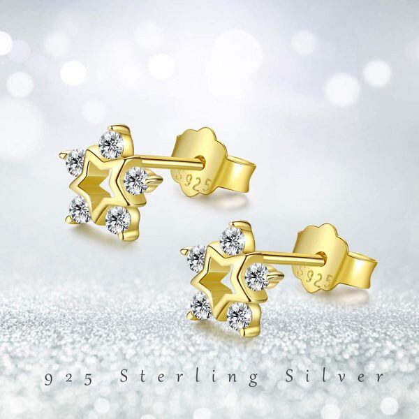 Sterling Silver Zircon Gold Plated Snowflake Stud Earrings -1