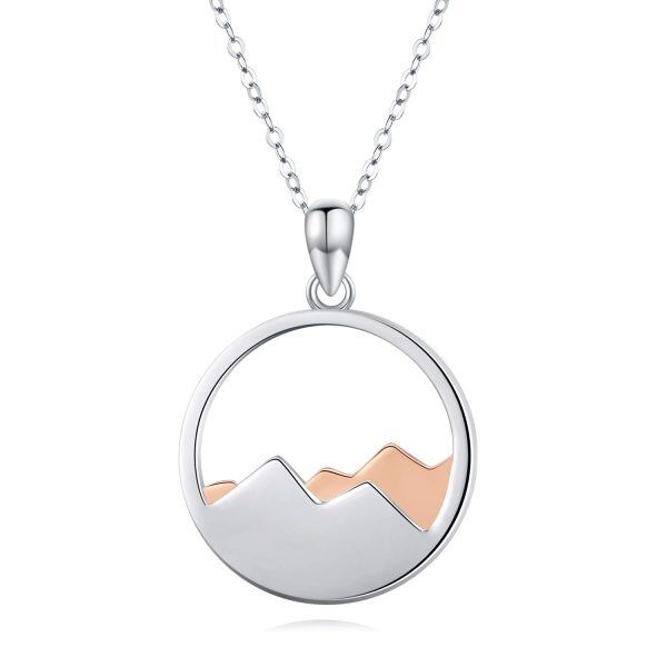 Sterling Silver Two Tone Color Circle Mountain Pendant Necklace-0