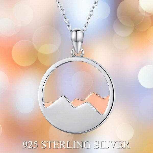 Sterling Silver Two Tone Color Circle Mountain Pendant Necklace-5