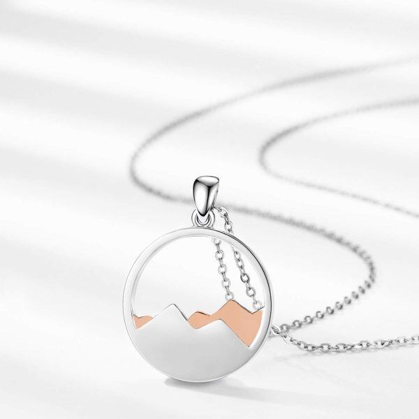 Sterling Silver Two Tone Color Circle Mountain Pendant Necklace-6