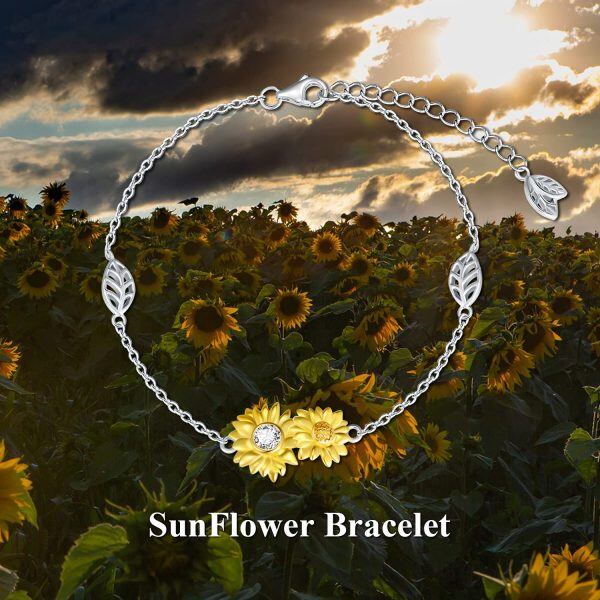 Sterling Silver Zircon Two Tone Color Sunflower Bracelets-3