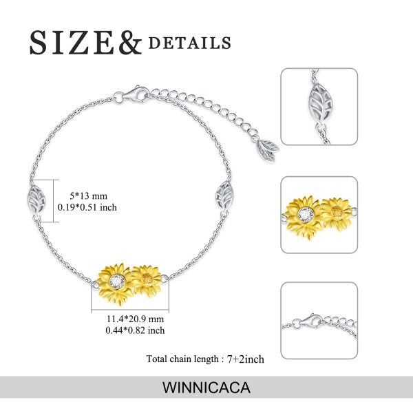 Sterling Silver Zircon Two Tone Color Sunflower Bracelets-5