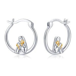 Sterling Silver Two Tone Color Hug Cat Hoop Earrings-0