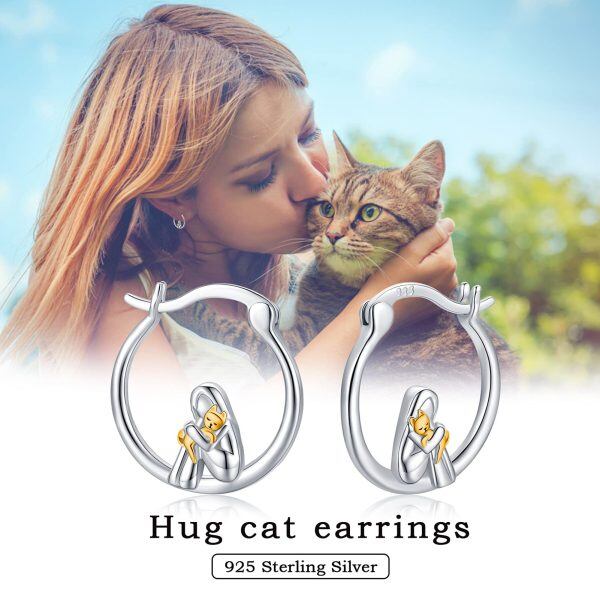 Sterling Silver Two Tone Color Hug Cat Hoop Earrings-4