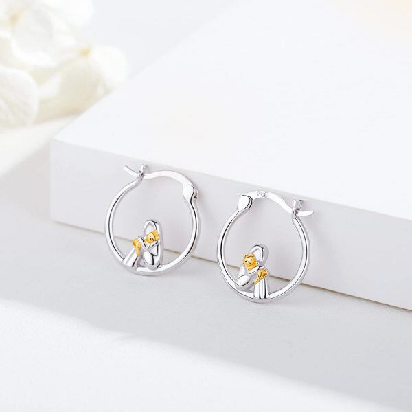 Sterling Silver Two Tone Color Hug Cat Hoop Earrings-6