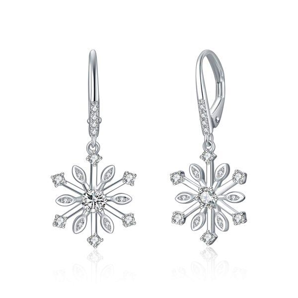 Sterling Silver Zircon Rhodium Plated Snowflake Earrings-0