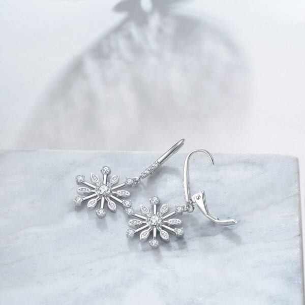 Sterling Silver Zircon Rhodium Plated Snowflake Earrings-1