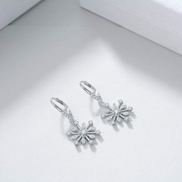 Sterling Silver Zircon Rhodium Plated Snowflake Earrings-3