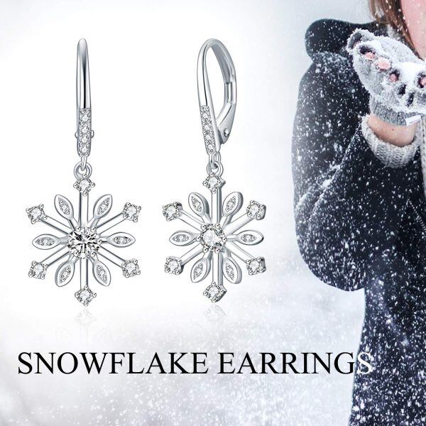 Sterling Silver Zircon Rhodium Plated Snowflake Earrings-4