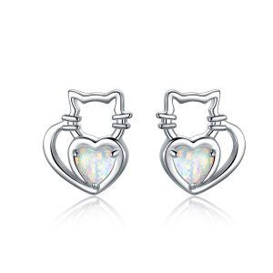 Sterling Silver Rhodium Plated Opal Cat Earrings-0