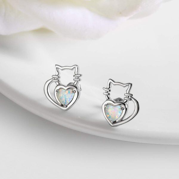 Sterling Silver Rhodium Plated Opal Cat Earrings-3