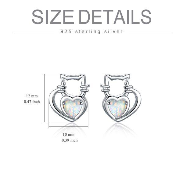 Sterling Silver Rhodium Plated Opal Cat Earrings-4