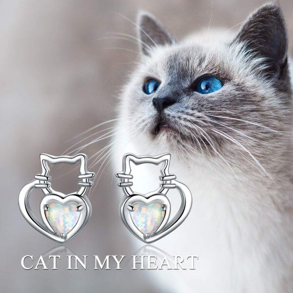 Sterling Silver Rhodium Plated Opal Cat Earrings-5