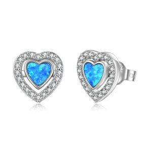 Sterling Silver Opal Rhodium Plated Heart Stud Earrings-0