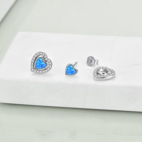 Sterling Silver Opal Rhodium Plated Heart Stud Earrings-1