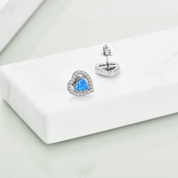 Sterling Silver Opal Rhodium Plated Heart Stud Earrings-2