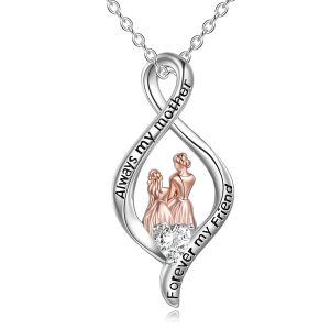 Sterling Silver Zircon Rhodium And Rose Glod Plated Mother And Daughter Necklace-0