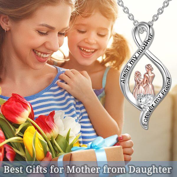 Sterling Silver Zircon Rhodium And Rose Glod Plated Mother And Daughter Necklace-1