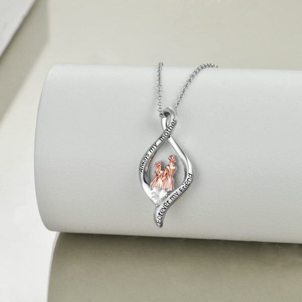 Sterling Silver Zircon Rhodium And Rose Glod Plated Mother And Daughter Necklace-2