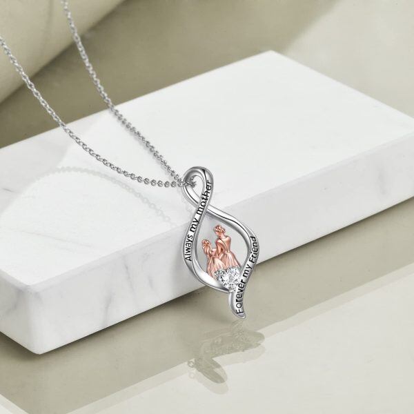 Sterling Silver Zircon Rhodium And Rose Glod Plated Mother And Daughter Necklace-3