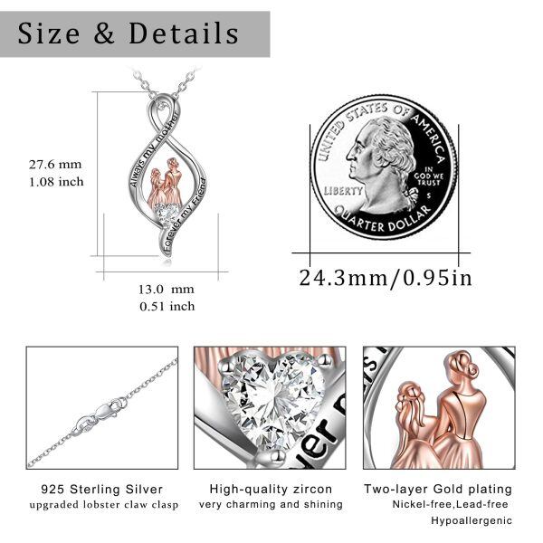 Sterling Silver Zircon Rhodium And Rose Glod Plated Mother And Daughter Necklace-5