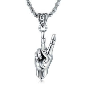 Sterling Silver Black Rhodium Plated Victory Gesture Pendant Necklace-0