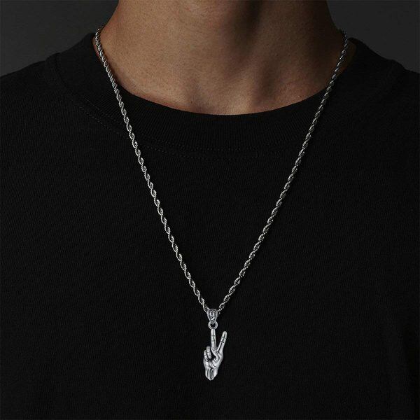 Sterling Silver Black Rhodium Plated Victory Gesture Pendant Necklace-2