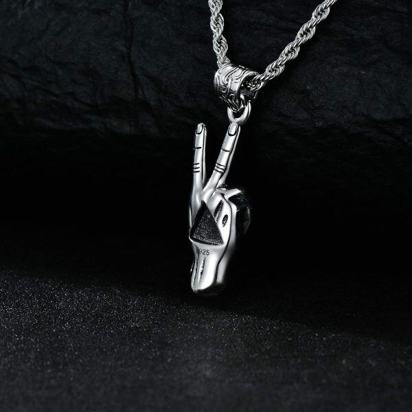 Sterling Silver Black Rhodium Plated Victory Gesture Pendant Necklace-3