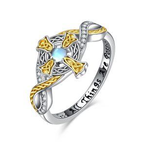 Sterling Silver with Moonstone and Zircon Two Tone Color Cross Rings -0